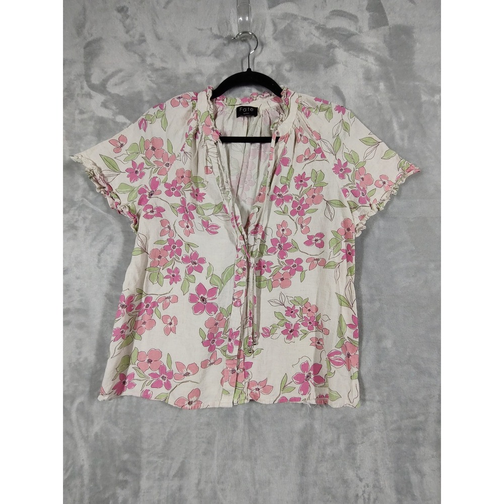 Fate Floral Ruffle Short Sleeve Split Neck Tie Front Blouse Pink Green Small
